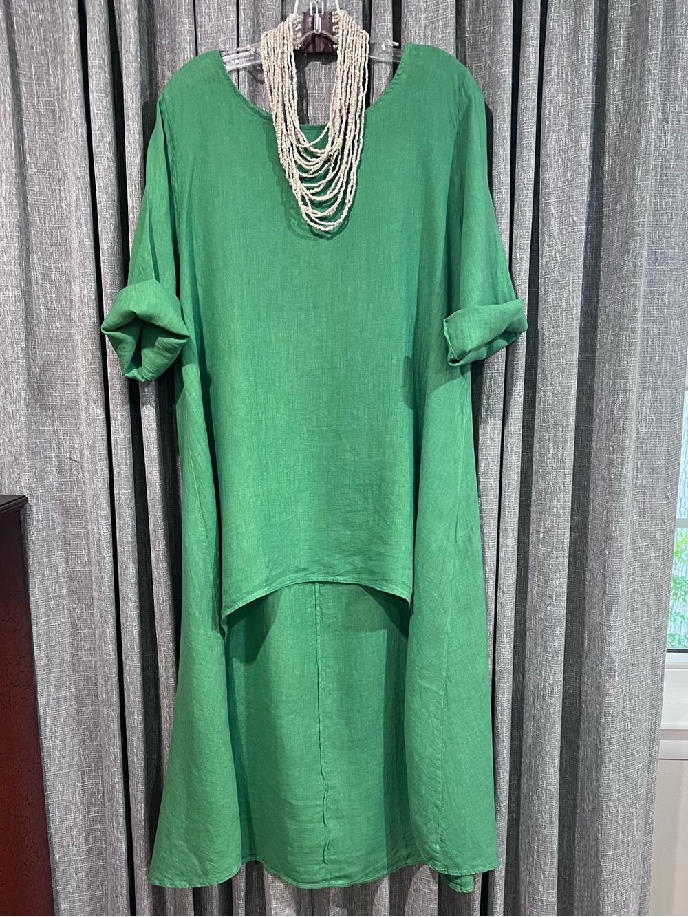Cecile Wang France 100% Italian Linen Lagenlook High-Low Tunic Top Green OS